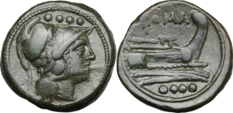 Sextantal series. AE Triens, after 211 BC. D/ Helmeted head of Minerva right; ab...