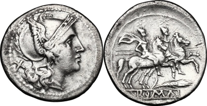 Corn-ear (third) series. AR Denarius, Sicily, c. 211-210 BC. D/ Helmeted head of...