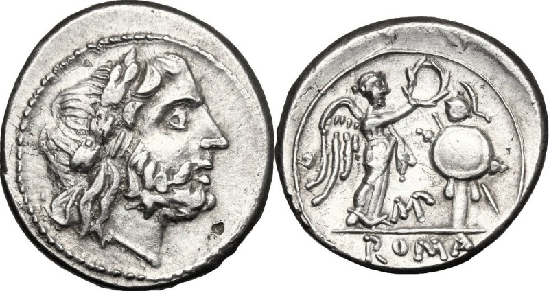 MP series. AR Victoriatus, c. 211-208 BC. D/ Laureate head of Jupiter right. R/ ...