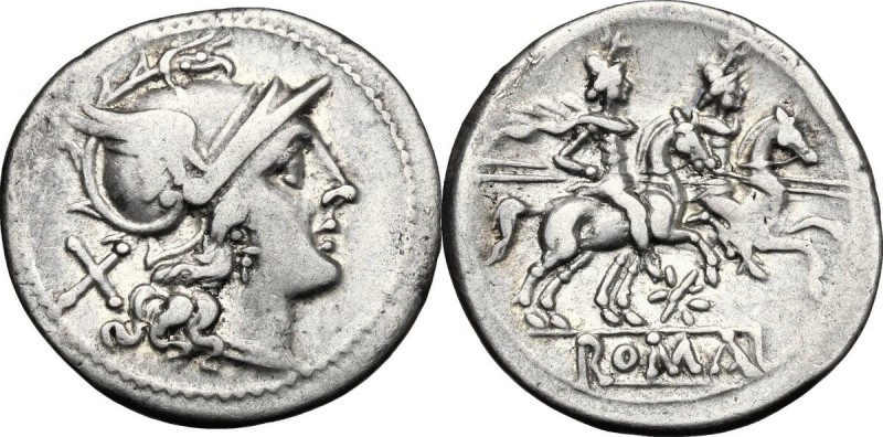 Star (first) series. AR Denarius, 206-195 BC. D/ Helmeted head of Roma right; be...