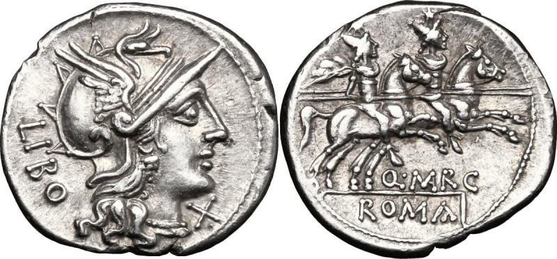 Q. Marcius Libo. AR Denarius, 148 BC. D/ Helmeted head of Roma right; behind, LI...