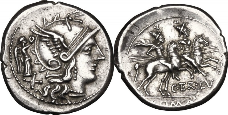 C. Terentius Lucanus. AR Denarius, 147 BC. D/ Helmeted head of Roma right; behin...