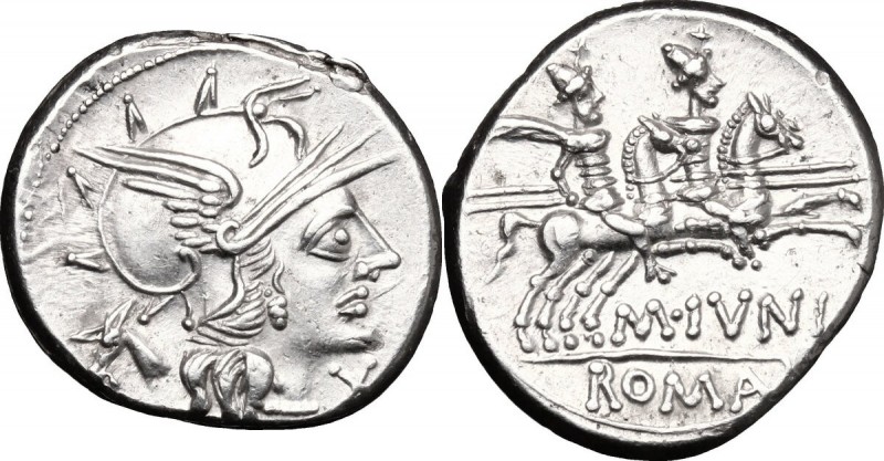M. Iunius Silanus. AR Denarius, 145 BC. D/ Helmeted head of Roma right; below ch...