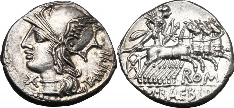 M. Baebius Q. f. Tampilus. AR Denarius, 137 BC. D/ Helmeted head of Roma left, w...