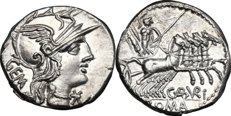 C. Aburius Geminus. AR Denarius, 134 BC. D/ Helmeted head of Roma right; behind,...