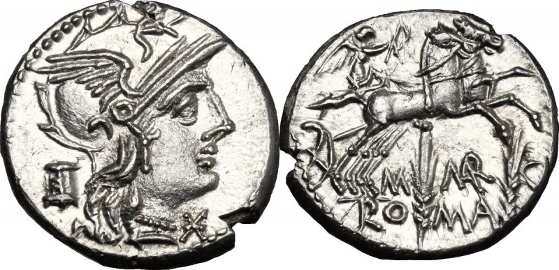 M. Marcius Mn. f. AR Denarius, 134 BC. D/ Helmeted head of Roma right; below chi...