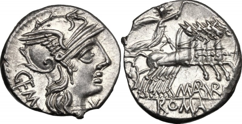 M. Aburius M.f. Geminus. AR Denarius, 132 BC. D/ Helmeted head of Roma right; be...