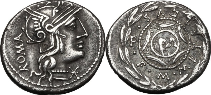 M. Caecilius Q. f. Q. n. Metellus. AR Denarius, 127 BC. D/ Helmeted head of Roma...