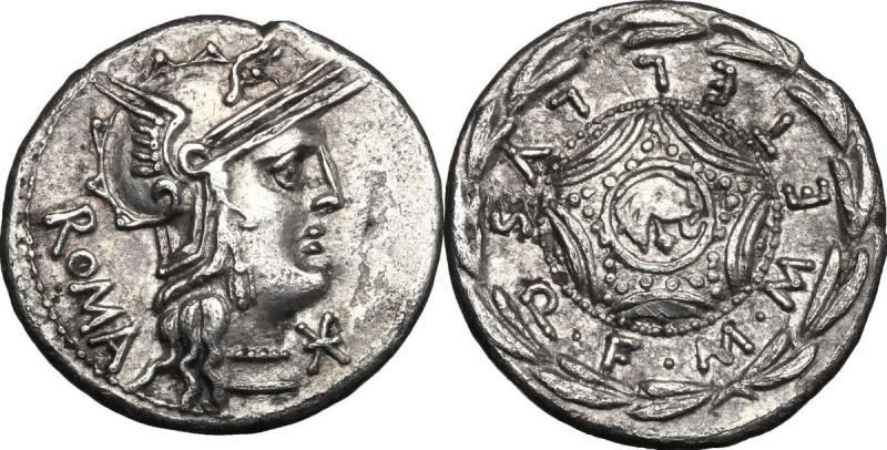 M. Caecilius Q. f. Q. n. Metellus. Fourrée Denarius, 127 BC. D/ Helmeted head of...