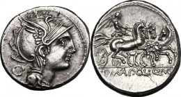 T. Manlius Mancinus, Appius Claudius Pulcher and Q. Urbinius.. AR Denarius, 111-110 BC