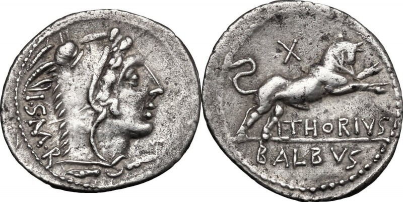 L. Thorius Balbus. AR Denarius, 105 BC. D/ Head of Juno of Lanuvium right, weari...