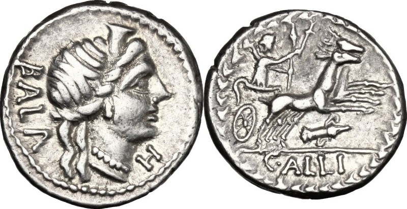 C. Allius Bala. AR Denarius, ca 92 B.C. D/ BALA. Diademed female head right; bel...