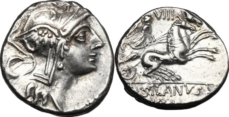 D. Silanus L.f. AR Denarius, 91 BC. D/ Helmeted head of Roma right; behind, C. R...