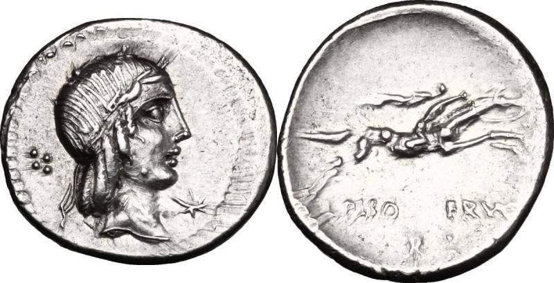 L. Calpurnius Piso Frugi. AR Denarius, 90 BC. D/ Laureate head of Apollo right; ...