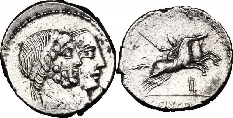 C. Censorinus. AR Denarius, 88 BC. D/ Jugate heads of Numa Pompilius and Ancus M...