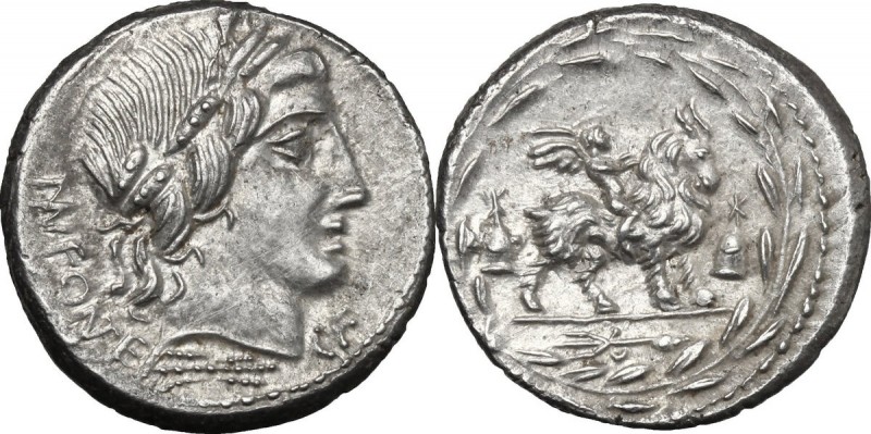 Mn. Fonteius C. f. AR Denarius, 85 BC. D/ MN FONTEI. Laureate head of Apollo rig...