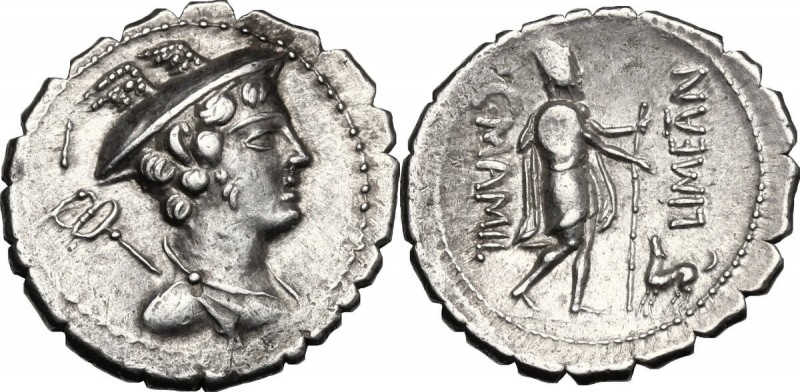 C. Mamilius Limetanus. AR Denarius serratus, 82 BC. D/ Draped bust of Mercury ri...