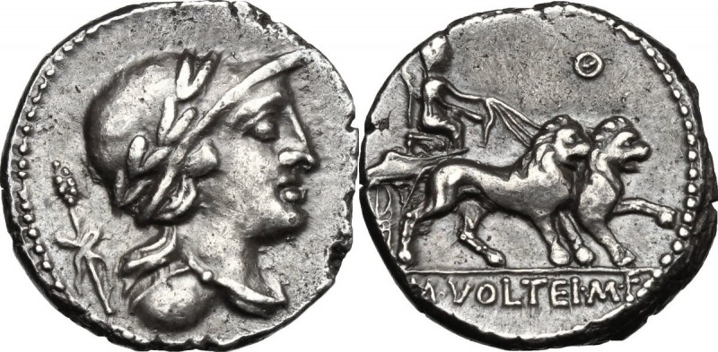 M. Volteius M.f. AR Denarius, 78 BC. D/ Draped bust of Attis or young Corybas ri...