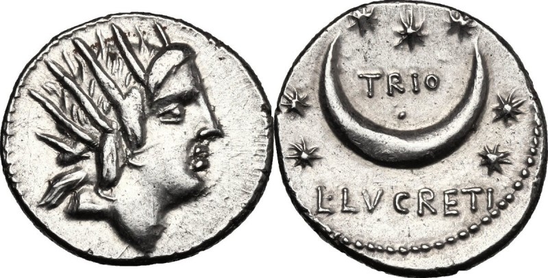 L. Lucretius Trio. AR Denarius, 76 BC. D/ Radiate head of Sol right. R/ TRIO wit...