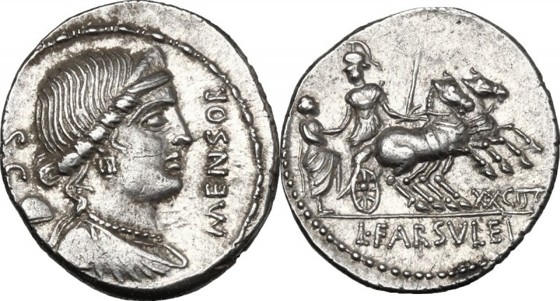 L. Farsuleius Mensor. AR Denarius, 75 BC. D/ Diademed and draped bust of Liberty...