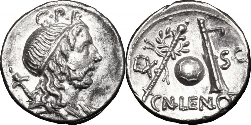 Cn. Lentulus. AR Denarius, 76-75 BC. D/ Diademed and draped bust of the Genius o...