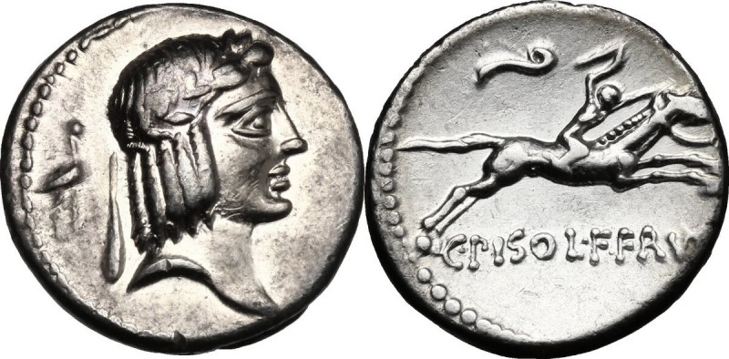 C. Piso L. f. Frugi. AR Denarius, 67 BC. D/ Laureate head of Apollo right; behin...