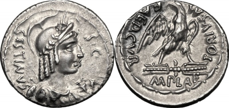 M. Plaetorius M. f. Cestianus. AR Denarius, 67 BC. D/ CESTIANVS. Winged bust of ...