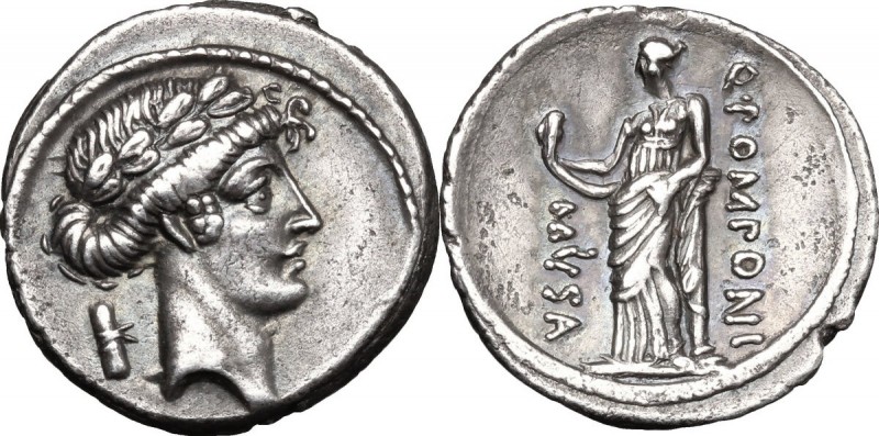 Q. Pomponius Musa. AR Denarius, 66 BC. D/ Laureate head of Apollo right; behind,...