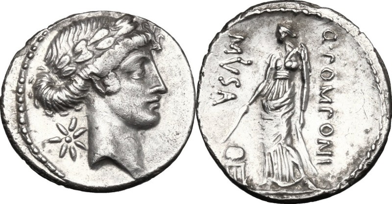 Q. Pomponius Musa. AR Denarius, 66 BC. D/ Laureate head of Apollo right; behind,...