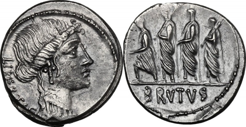 M. Junius Brutus. AR Denarius, 54 BC. D/ LIBERTAS. Head of Libertas right. R/ Th...