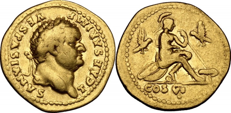 Titus as Caesar (69-79). AV Aureus, 77-78 AD. D/ T CAESAR IMP VESPASIANVS. Laure...
