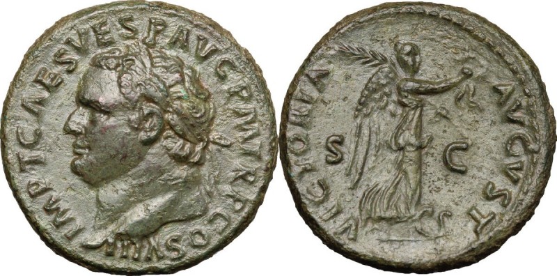 Titus (79-81). AE As, 80-81 AD. D/ IMP T CAES VESP AVG PM TR P COS VIII. Laureat...