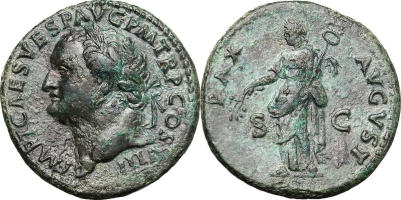 Titus (79-81). AE As, 80 AD. D/ IMP T CAES VESP AVG PM TR P COS VIII. Laureate h...
