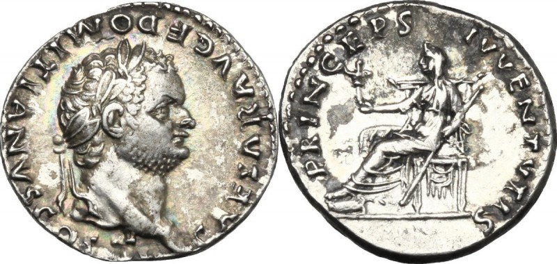 Domitian as Caesar (69-81). AR Denarius, 79 AD. D/ CAESAR AVG F DOMITIANVS COS [...