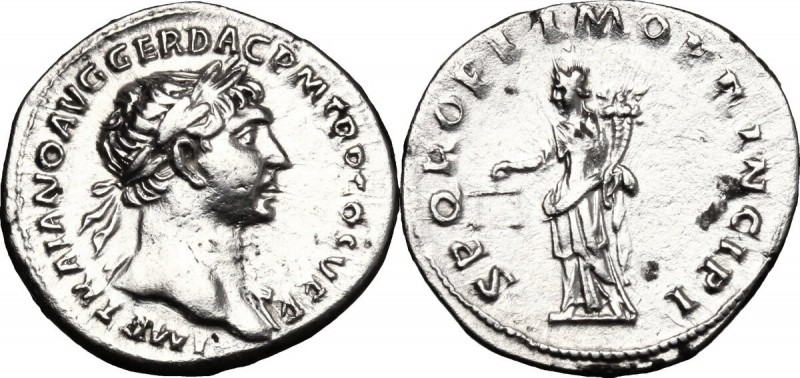 Trajan (98-117). AR Denarius, 103-111 AD. D/ IMP TRAIANO AVG GER DAC PM TR P COS...