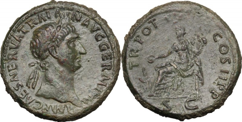Trajan (98-117). AE Sestertius, 98-99 AD. D/ IMP CAES NERVA TRAIAN AVG GERM PM. ...