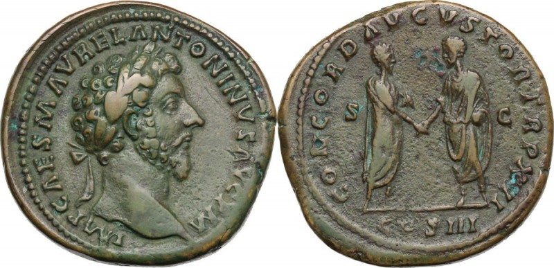 Marcus Aurelius (161-180). AE Sestertius, 161-162 AD. D/ IMP CAES M AVREL ANTONI...