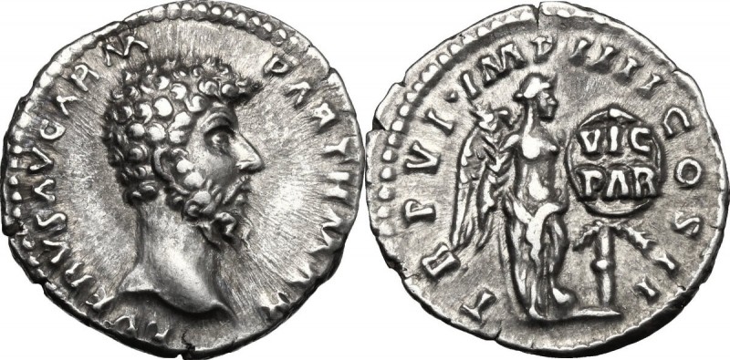Lucius Verus (161-169). AR Denarius, 166 AD. D/ L VERVS AVG ARM PARTH MAX. Bare ...