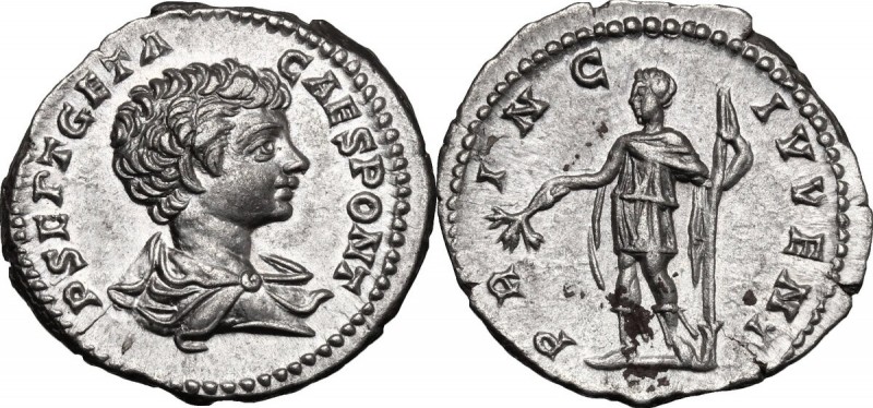 Geta as Caesar (198-209). AR Denarius, Rome mint. D/ P SEPT GETA CAES PONT. Bare...