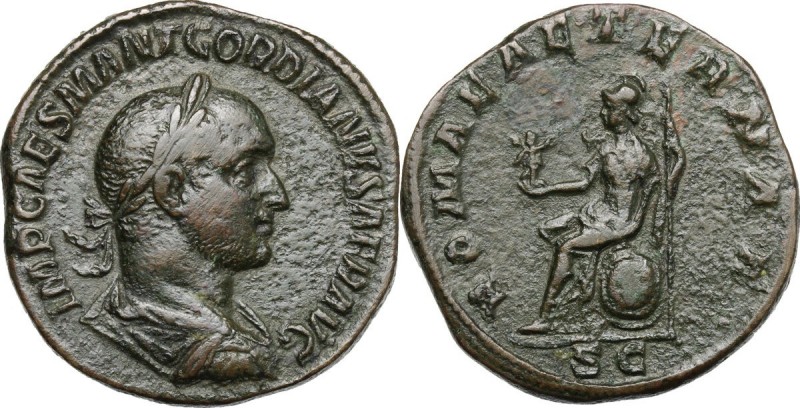 Gordian II Africanus (238 AD). AE Sestertius, Roma mint. D/ IMP CAES M ANT GORDI...