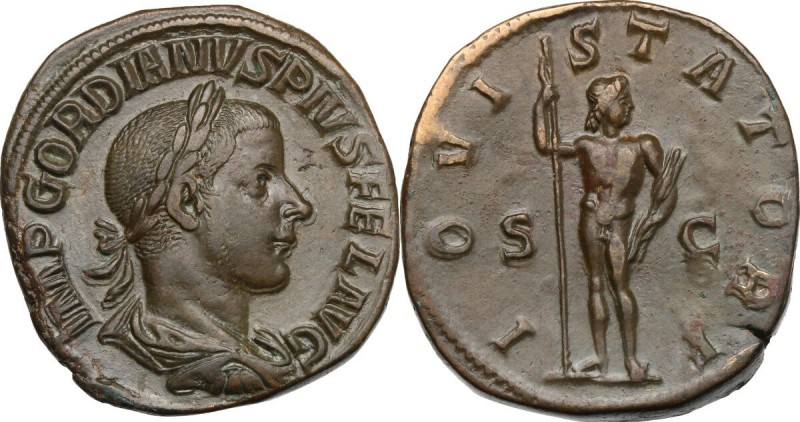 Gordian III (238-244). AE Sestertius. D/ IMP GORDIANVS PIVS FEL AVG. Laureate, d...