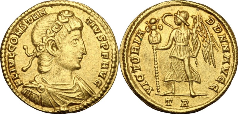 Constantius II (337-361). AV Solidus, Treveri mint, 343-344 AD. D/ FL IVL CONSTA...