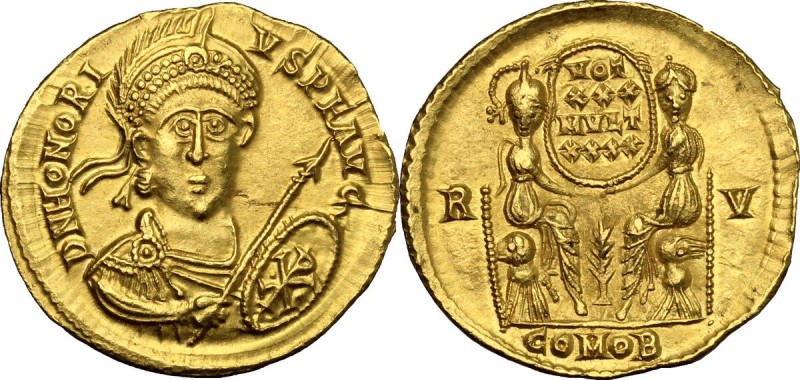 Honorius (393-423). AV Solidus, Ravenna mint, 421 AD. D/ DN HONORIVS PF AVG. Pea...