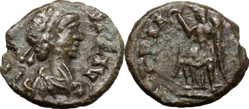 Majorian (457-461). AE 13 mm. Mediolanum mint. D/ DN [ ]S PF AVG. Pearl-diademed...