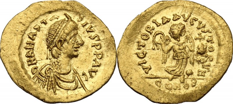 Anastasius I (491-518). AV Tremissis, Constantinople mint. D/ DN ANASTASIVS PP A...