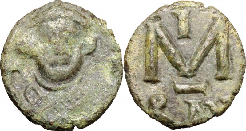 Leontius (695-698). AE Follis, Ravenna mint. D/ [D LЄON PЄ AV]. Bust facing, bea...