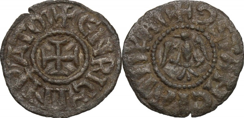 Messina. Enrico VI di Svevia (1194-1197). Denaro. D/ Croce potenziata. R/ Aquila...