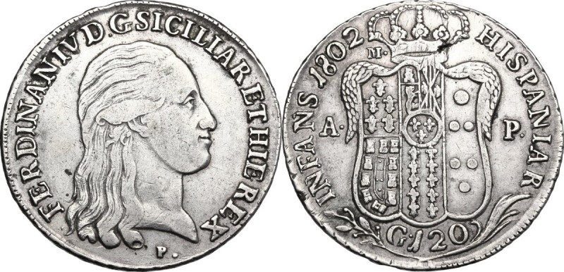 Napoli. Ferdinando IV di Borbone (1759-1805). 120 grana o piastra 1802. D/ Testa...