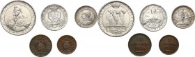 San Marino.  Seconda monetazione (1931-1938).. 20 Lire, 10 Lire, 5 Lire, 10 Centesimi e 5 Centesimi 1938