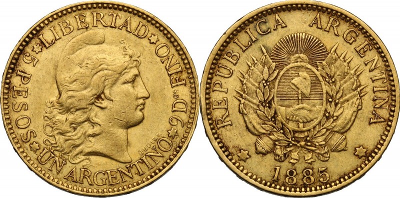 Argentina. 5 pesos 1885. Fried. 14. KM 31. AV. g. 8.04 mm. 22.00 &nbsp;VF.